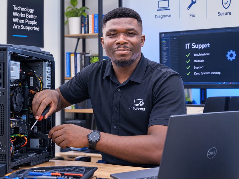 Bismark fixing a computer, IT support